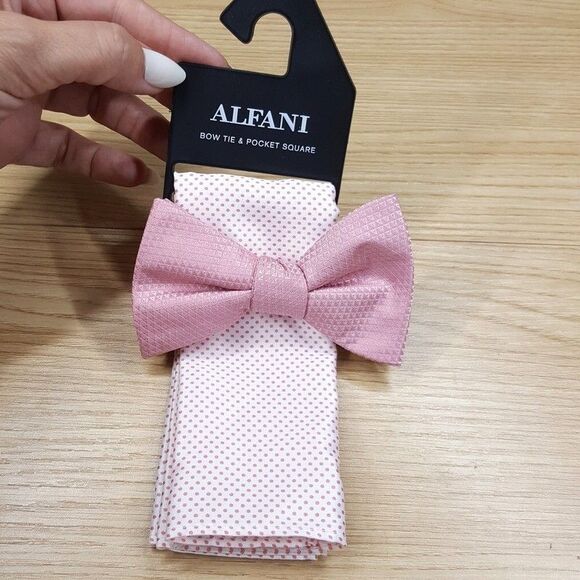 ALFANI Mens Bow Tie Pink Textured & Polka Micro Dot Pocket Square Matching Set - Picture 1 of 4